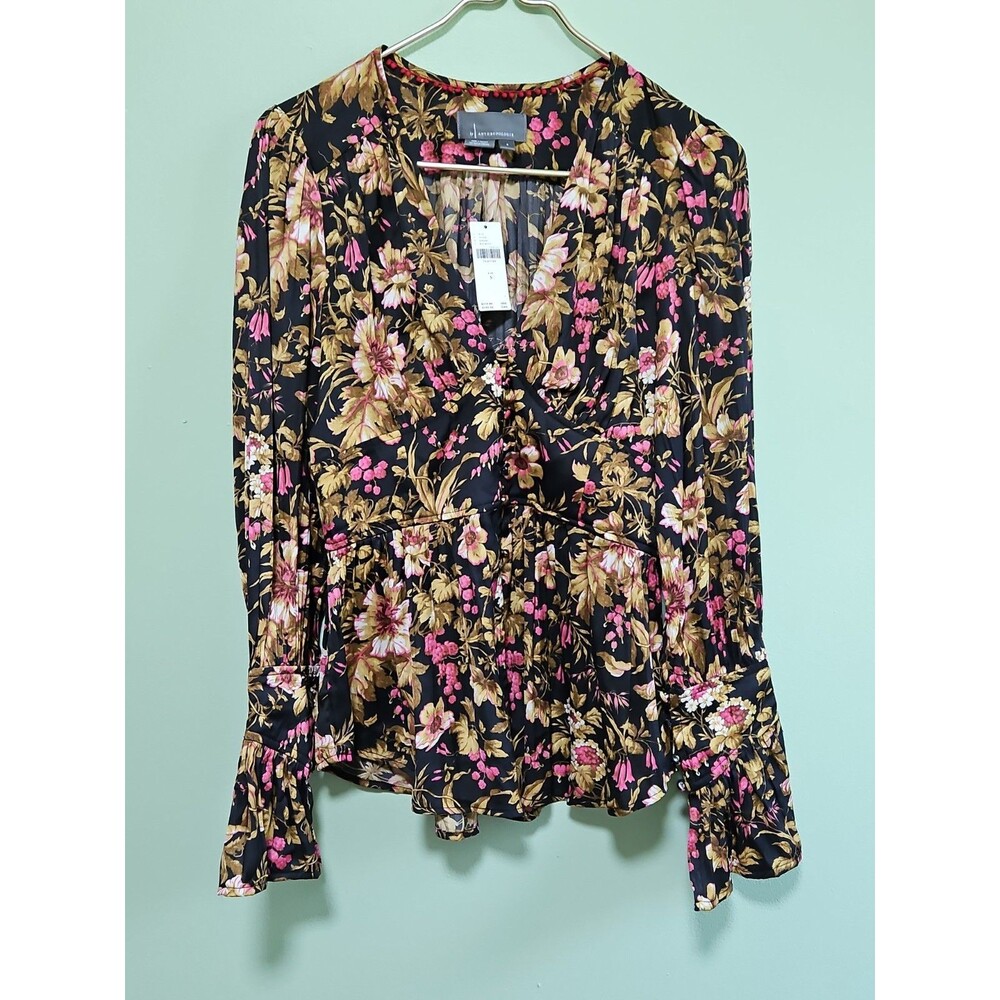 Anthropologie Women's Small Floral Peplum Blouse Black Long Sleeve Ruffle Boho N